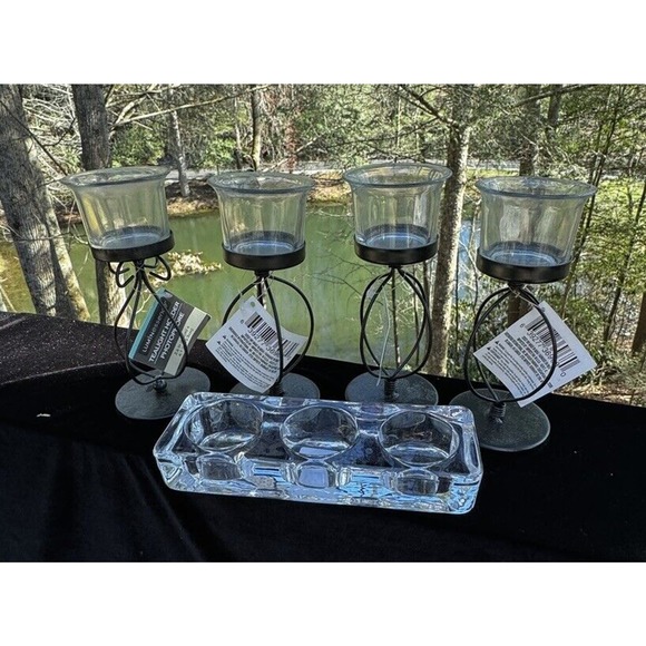 4 Greenbrier Int. Black Metal & Heavy Clear Glass Candle Holders Brand New -A29 - Picture 2 of 12